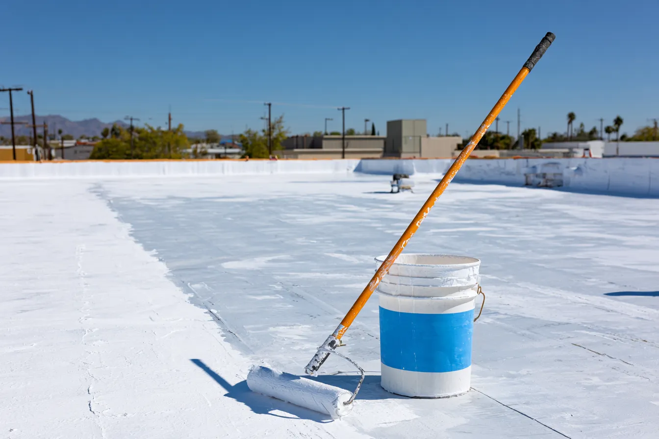 A bucket and roller for roof coating sit on a white coated roof