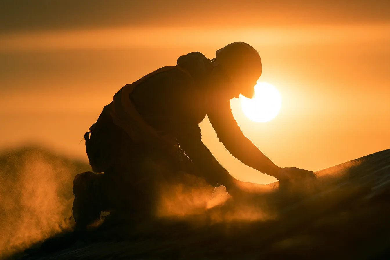 Golden sunset behind a roofer kneeling on a roof