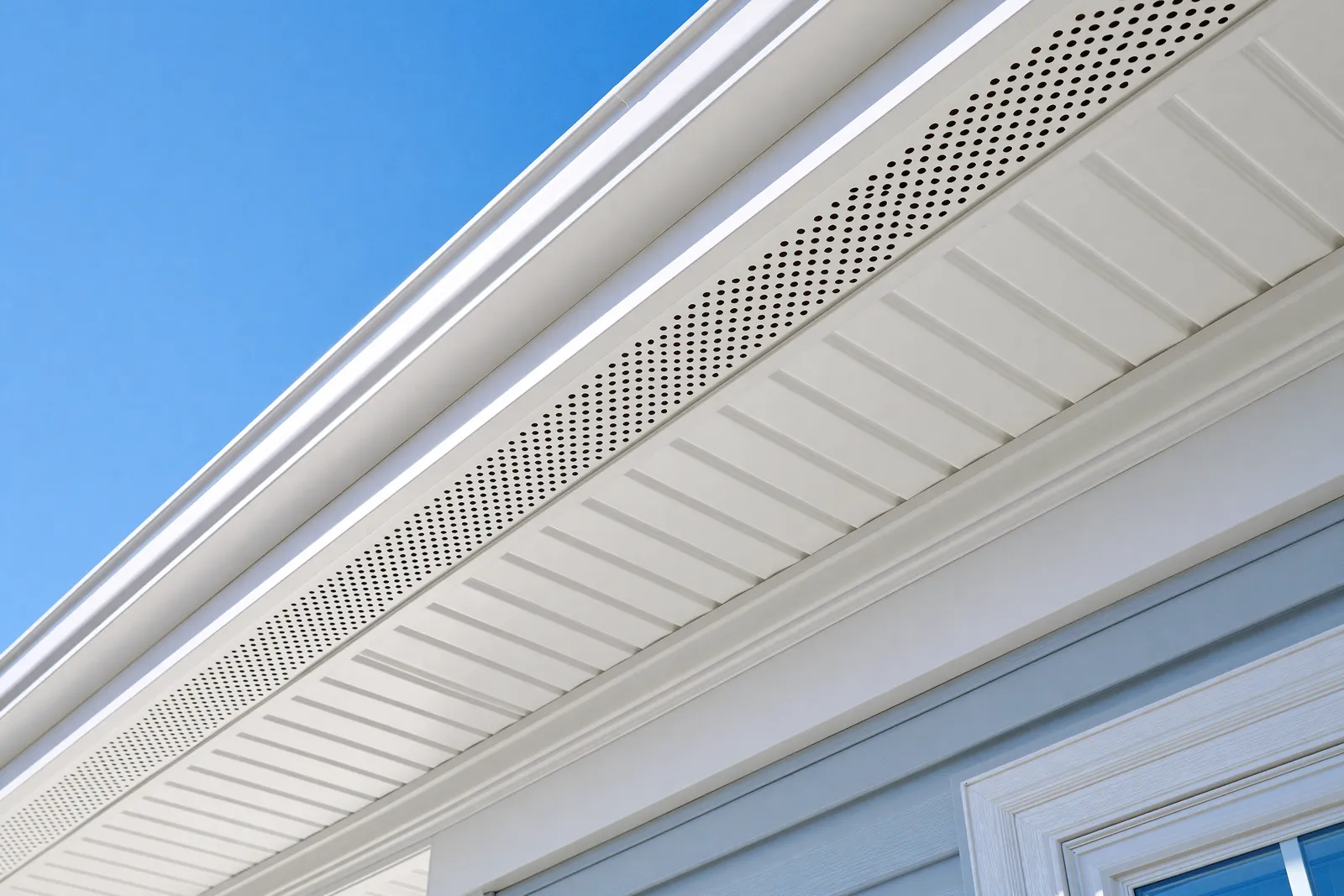 White eave with a continuous perforated soffit vent under a blue sky